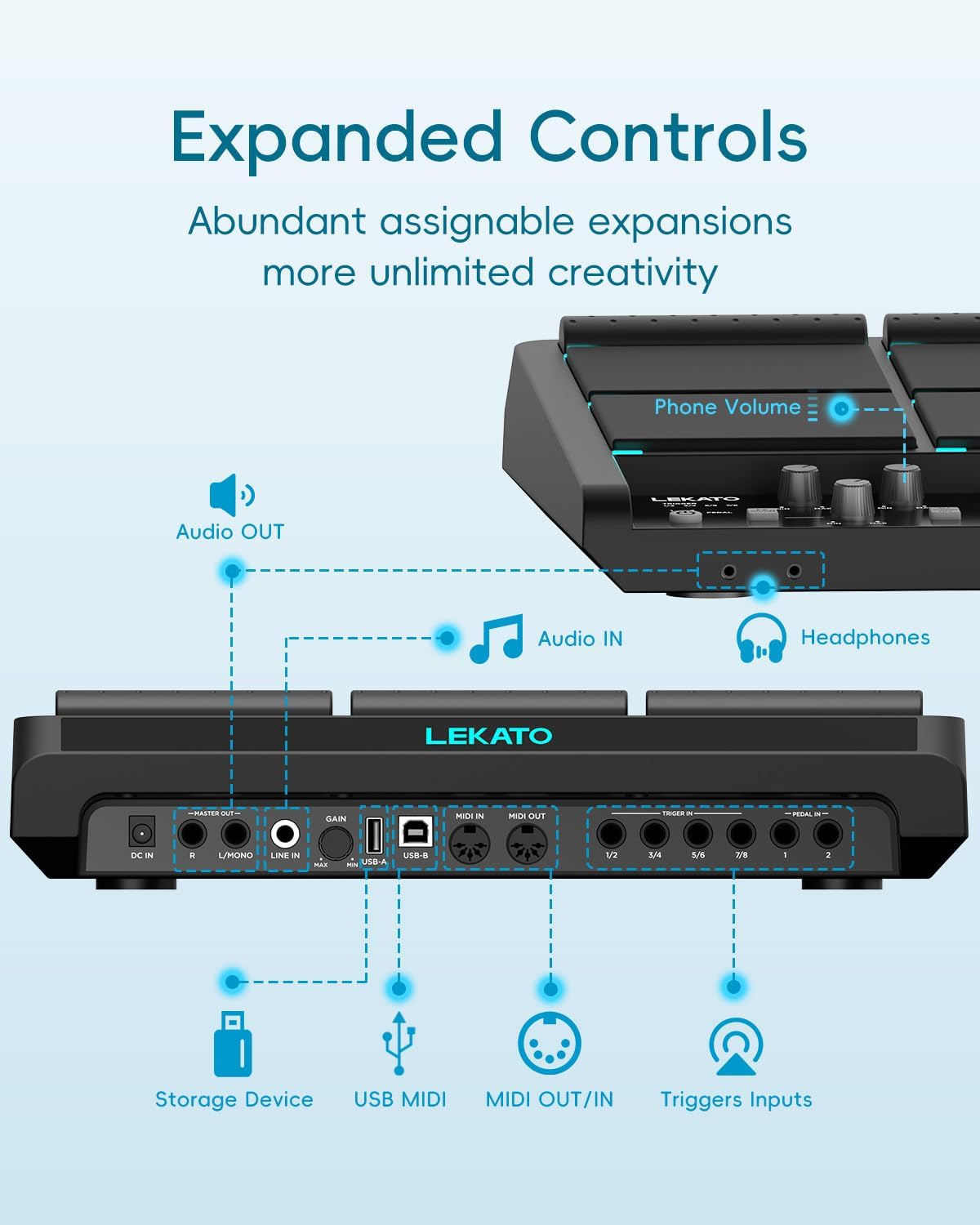 LEKATO PD708 Electric Drum Pad with 9 Velocity-Sensitive Percussion Sample Pad, 1,000+ Sounds, 32GB Internal Memory, Bluetooth, Drum Set Pad Multipad with MIDI, 24 FX, 4 Trigger Inputs - LEKATO - Buy Musical Instruments, Pedals, Wireless, Drum, Pro Audio & More