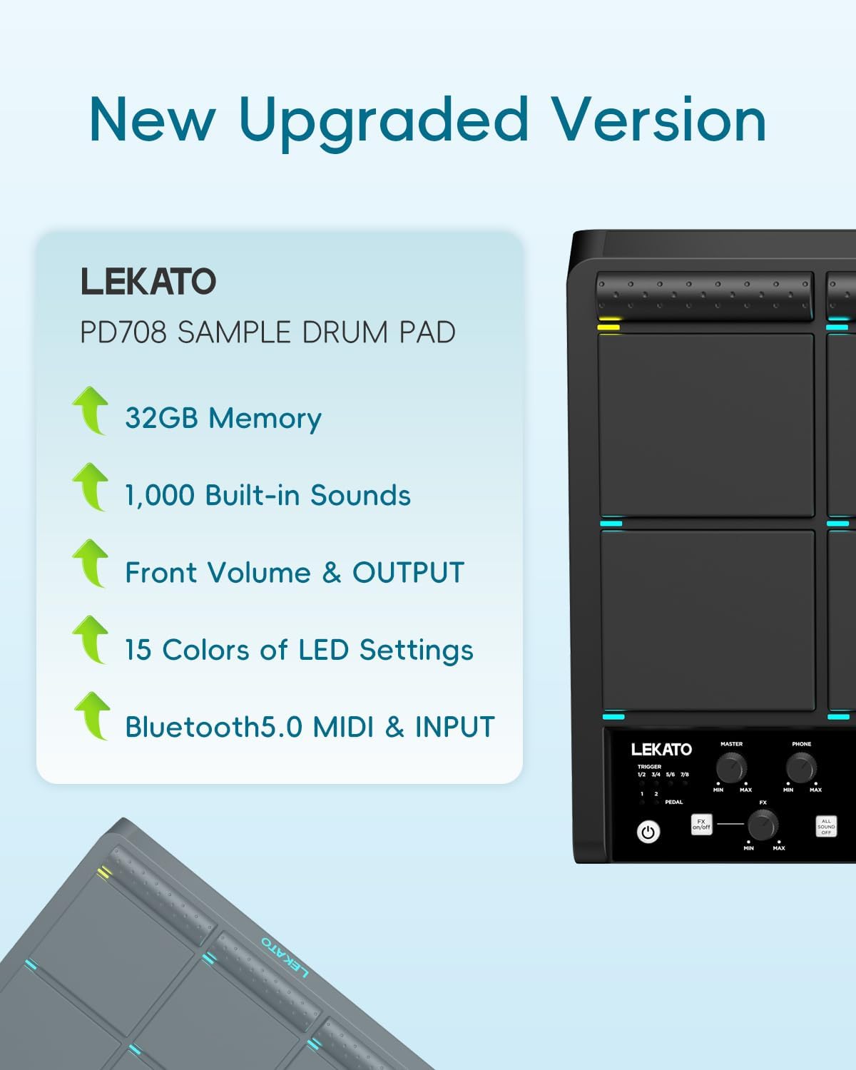 LEKATO PD708 Electric Drum Pad with 9 Velocity-Sensitive Percussion Sample Pad, 1,000+ Sounds, 32GB Internal Memory, Bluetooth, Drum Set Pad Multipad with MIDI, 24 FX, 4 Trigger Inputs - LEKATO - Buy Musical Instruments, Pedals, Wireless, Drum, Pro Audio & More