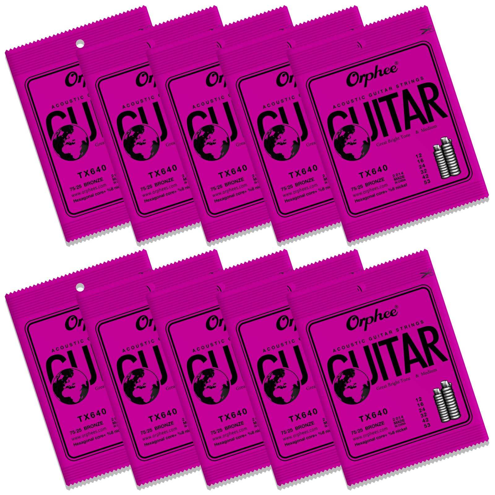 Orphee TX640 Guitar Strings 6 Strings Set Acoustic Guitar Strings Light 12-53 10 Pack