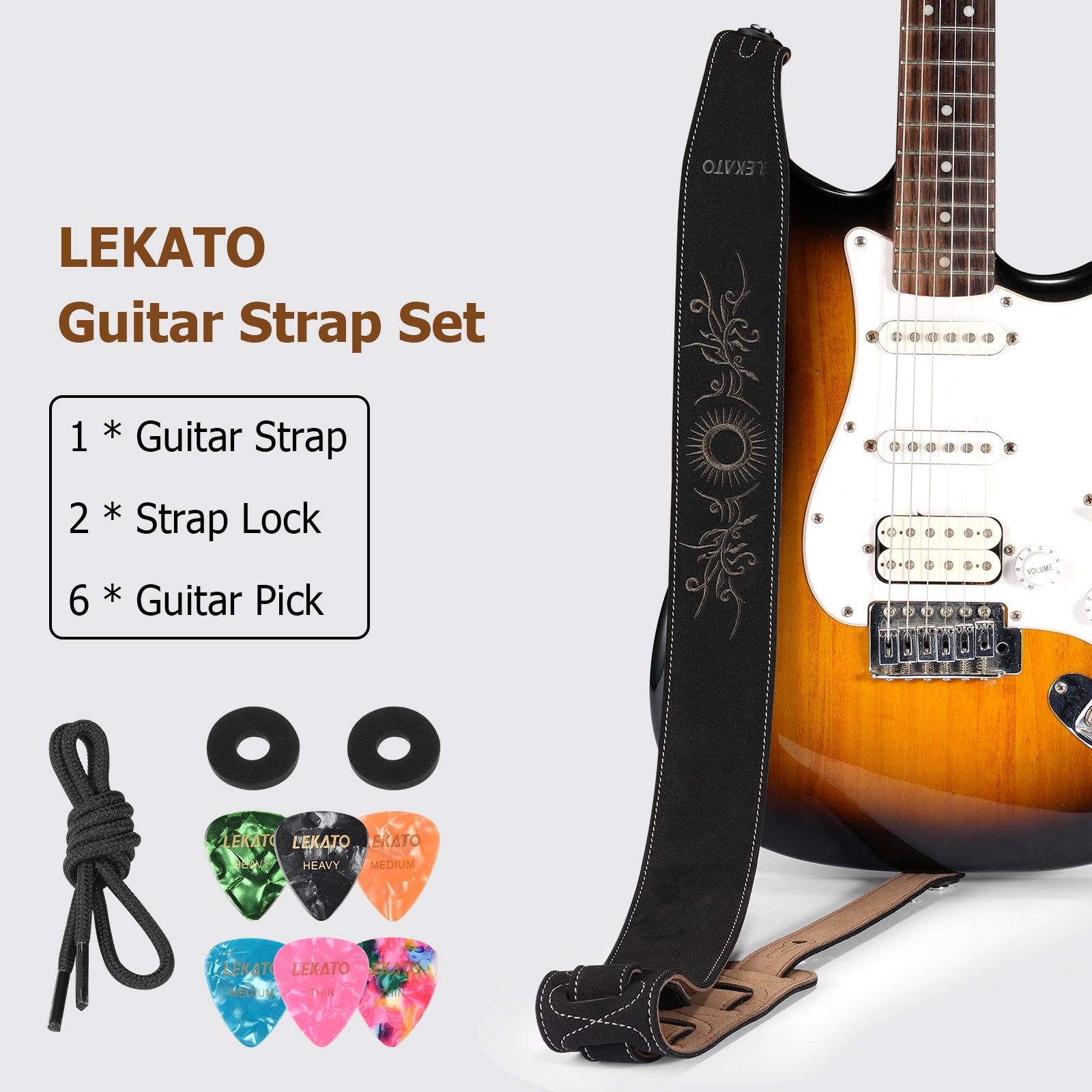LEKATO LGS-10 Gitarrengurt-Set aus Wildleder und Samt 