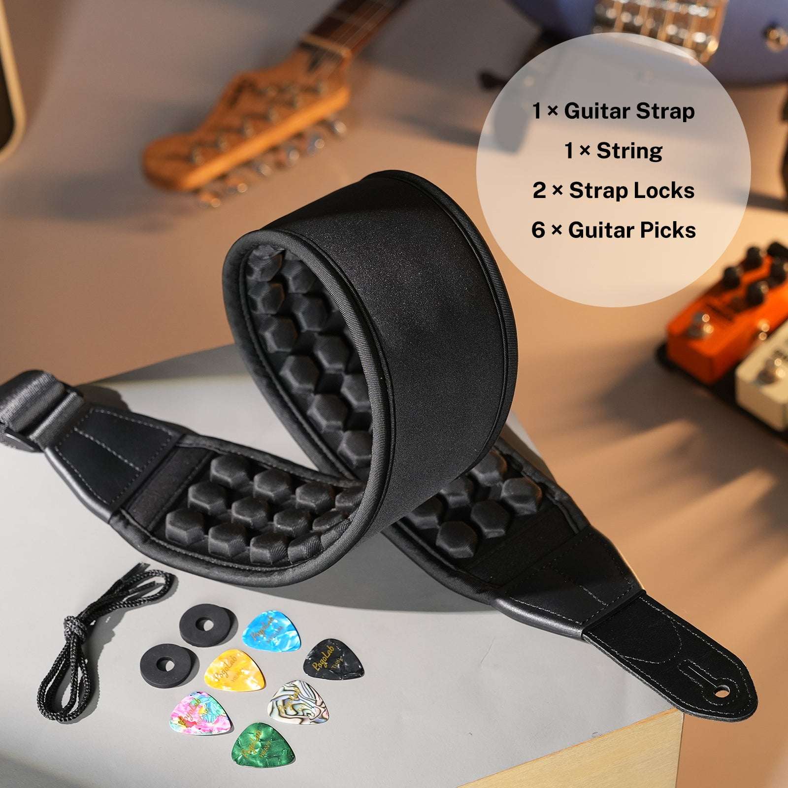 (Only US)POGOLAB Guitar Bass Strap 3.5" Wide Air Cell Cushions Neoprene Padded 47"-55"
