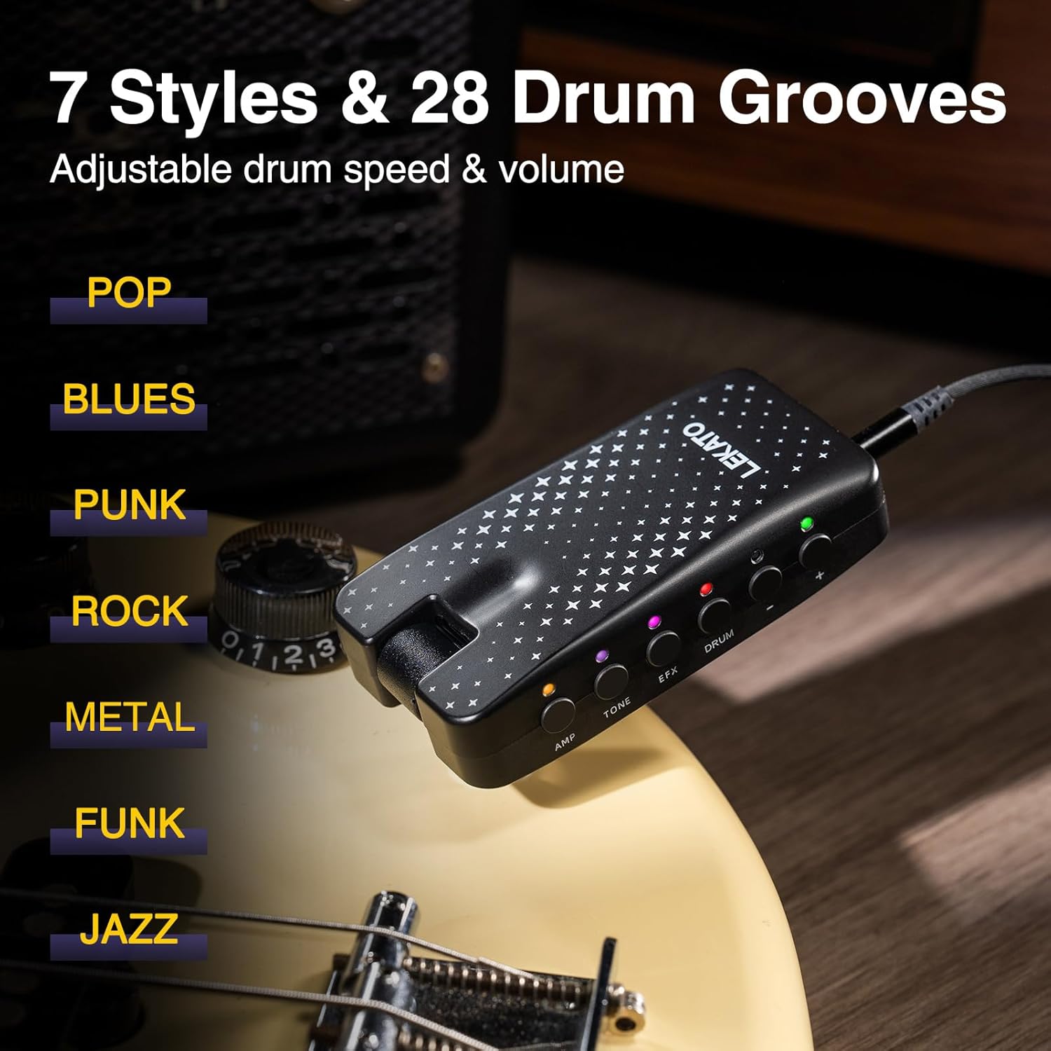 LEKATO EP-01 Gitarren-Kopfhörerverstärker 28 Drum-Grooves 14 Effekte 14 Amp-Modelle 