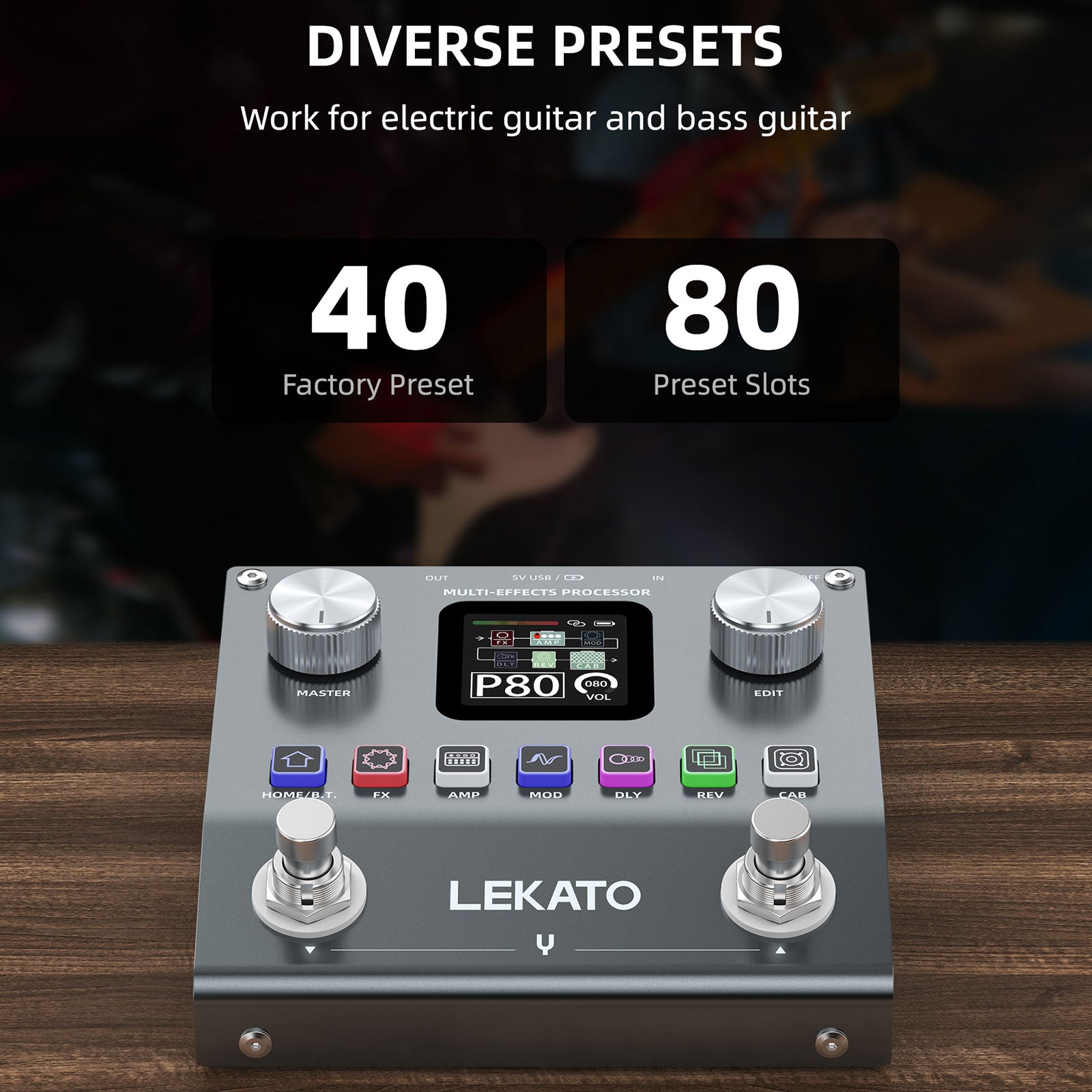 LEKATO ME-01 Multi Effects Processor Guitar Pedal w/6 Effects Modules 80 Presets 20 IRs