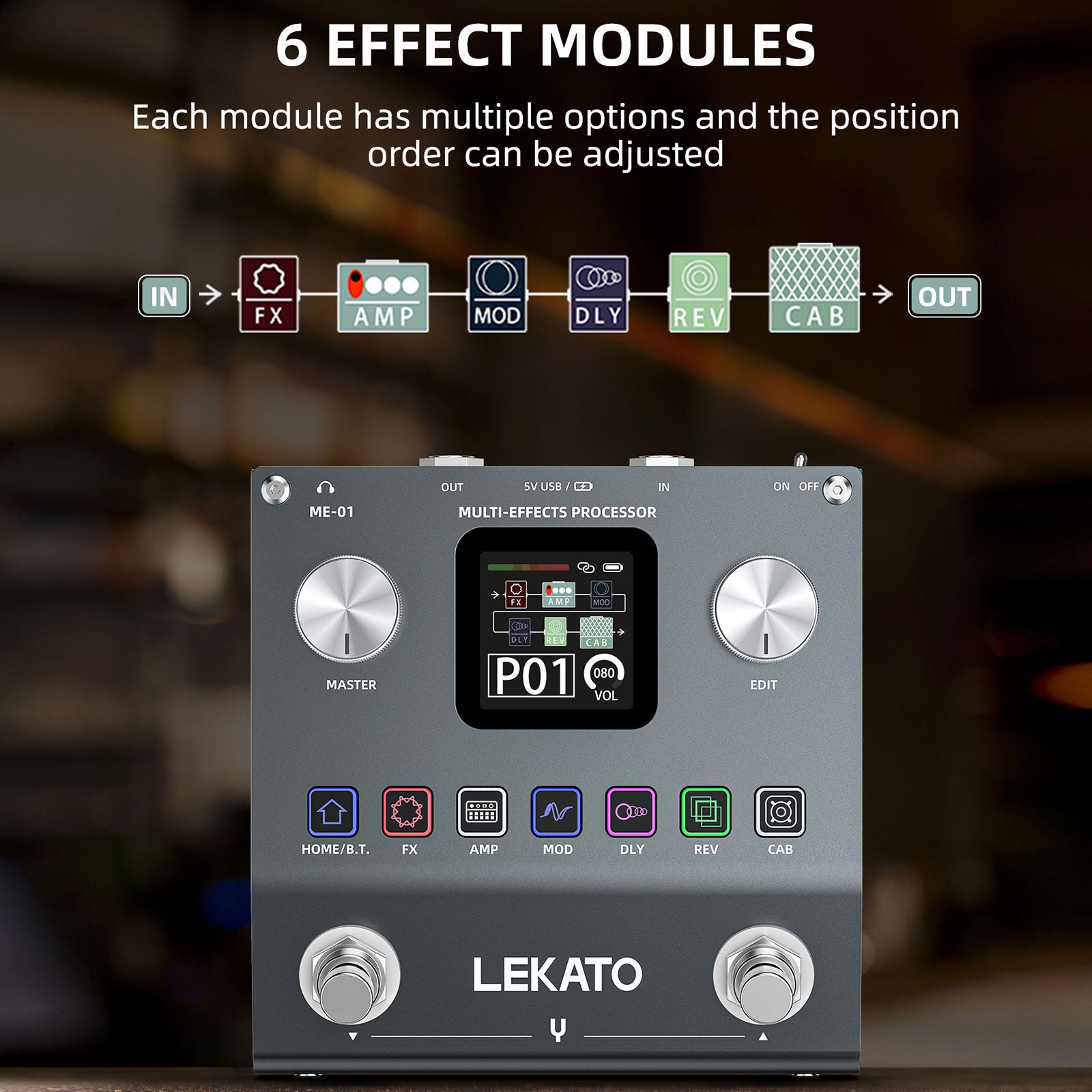 LEKATO ME-01 Multi Effects Processor Guitar Pedal w/6 Effects Modules 80 Presets 20 IRs