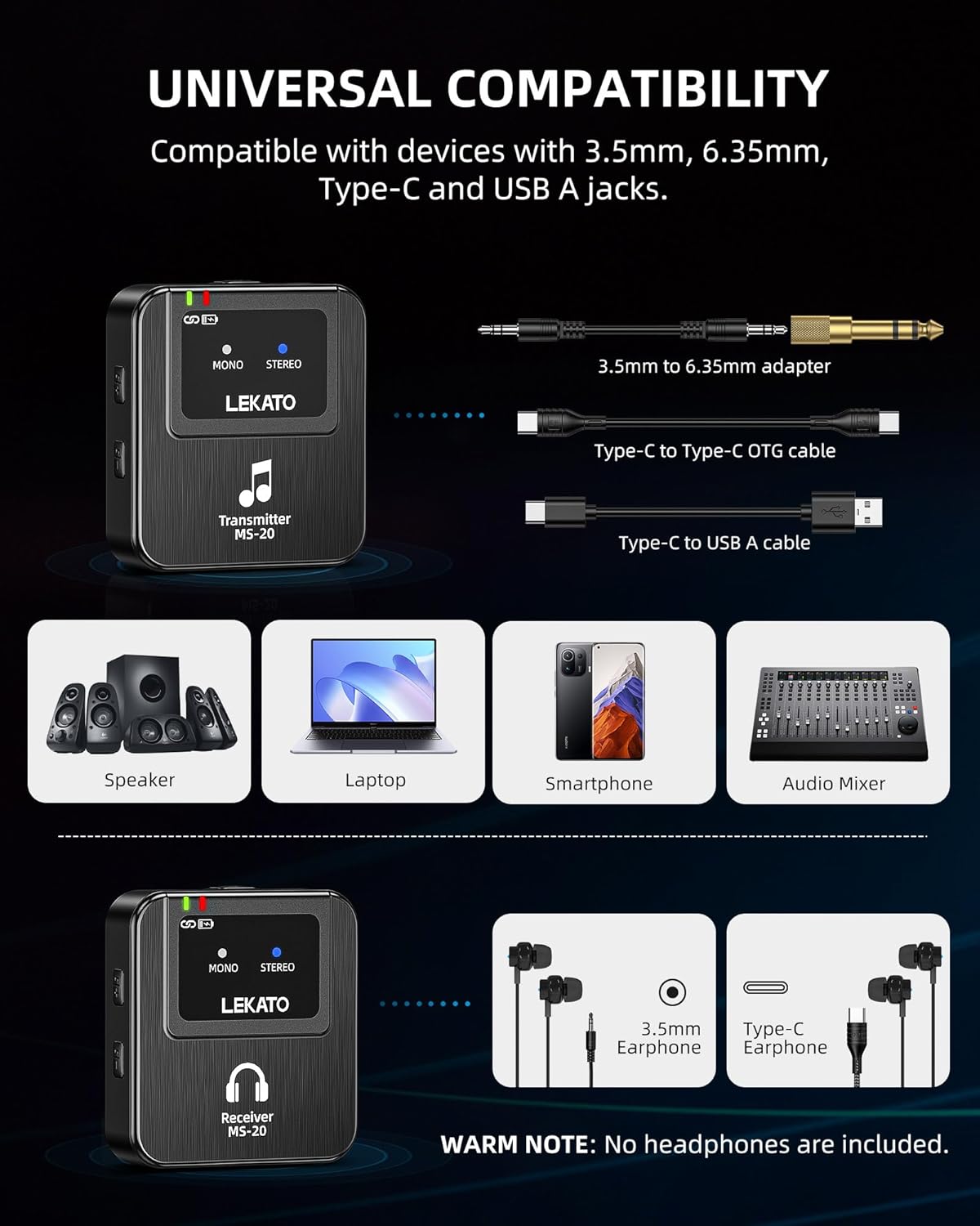 LEKATO MS-20 In Ear Monitor 2.4G Stereo Wireless System