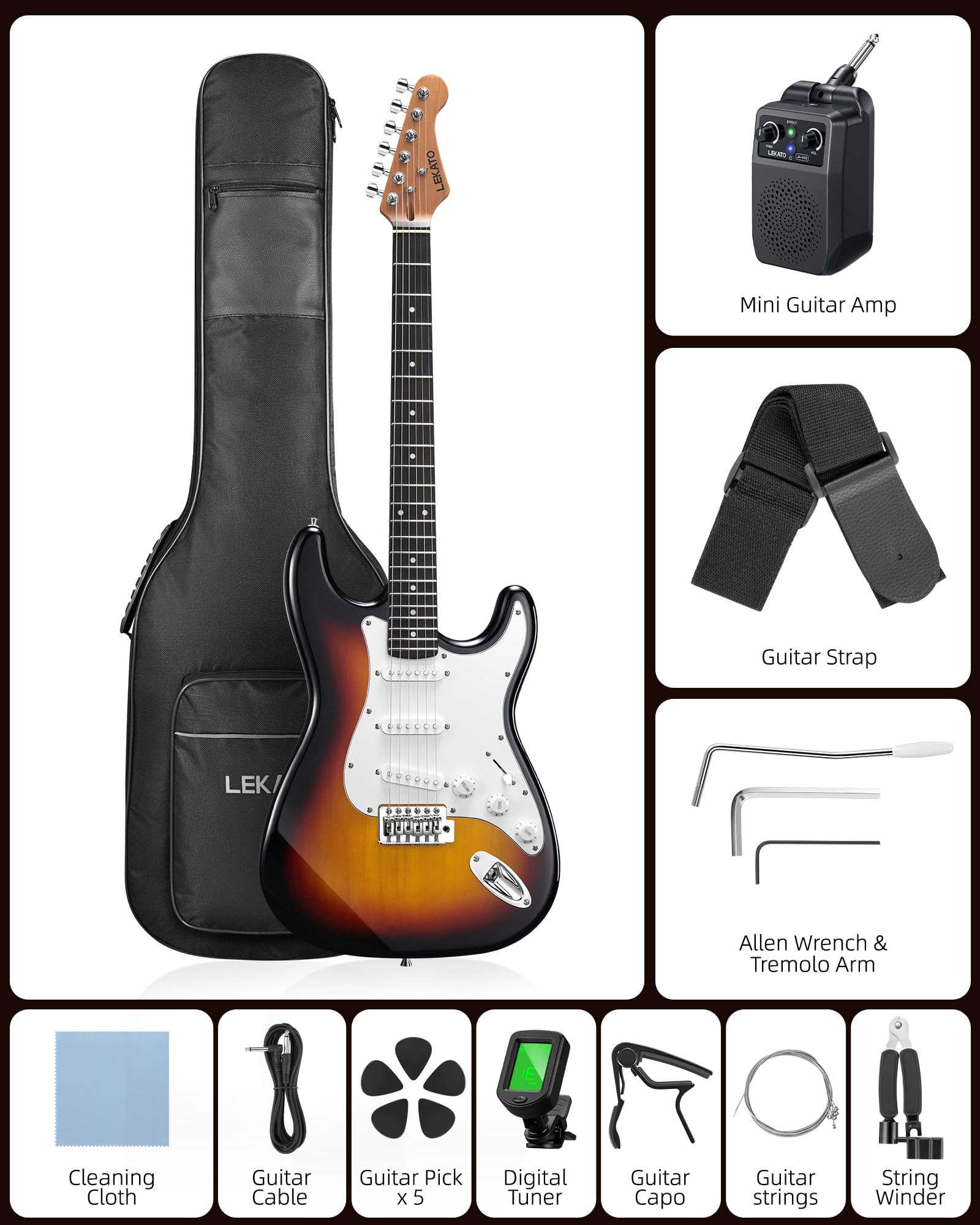 LEKATO ST-02 Electric Guitar Set 39 Inch SSS Pickups Guitar