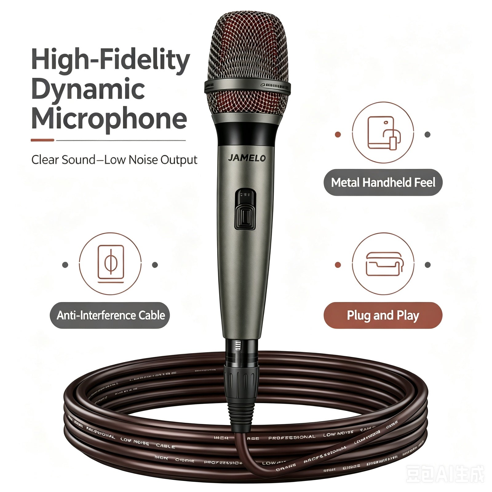 JAMELO F19 Wired Dynamic Microphone Handheld Mic with 5m Cable 40Hz–13kHz Frequency