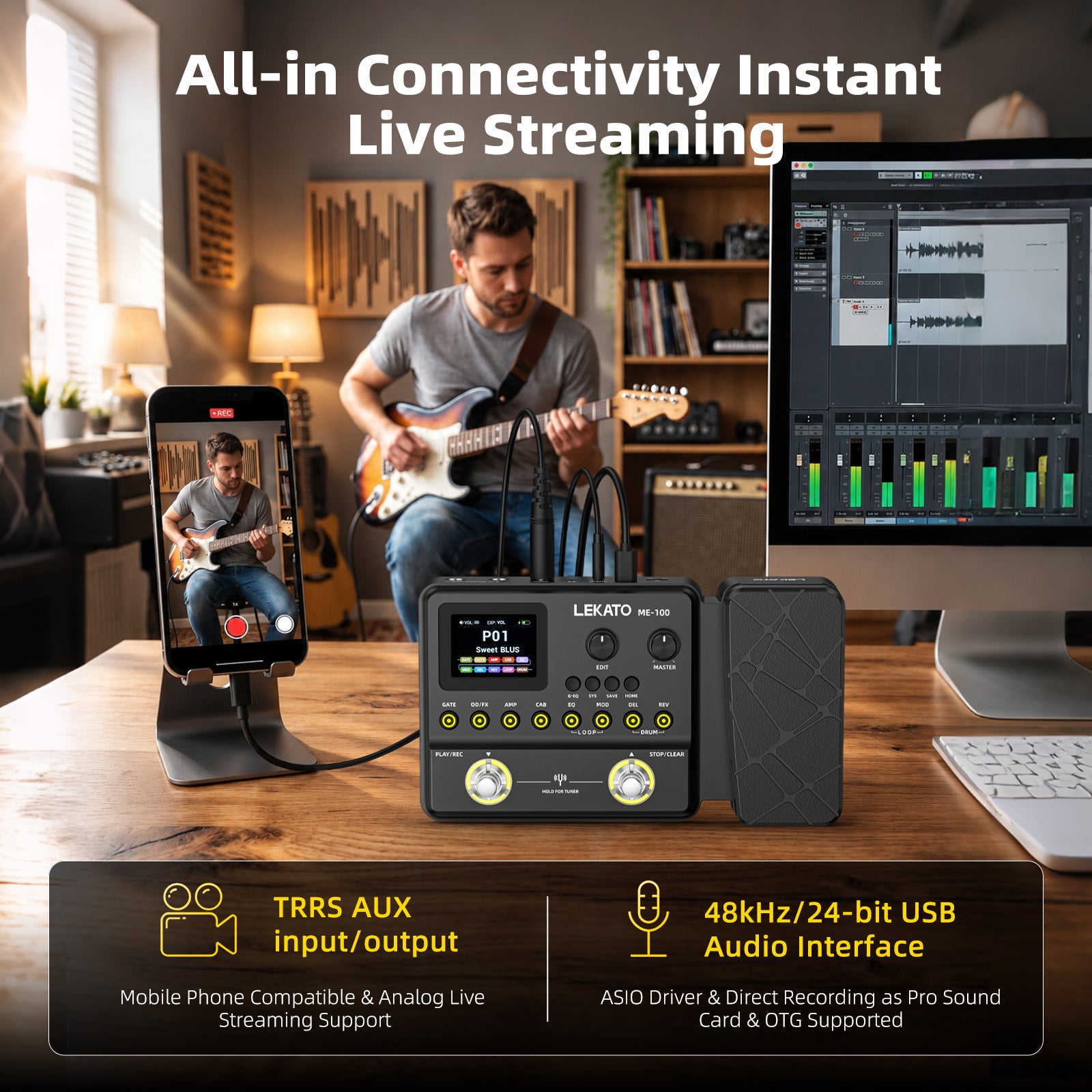 LEKATO ME-100 Guitar Multi Effects Pedal Sims NAM IR Loading OTG/ASIO Live Streaming Recording