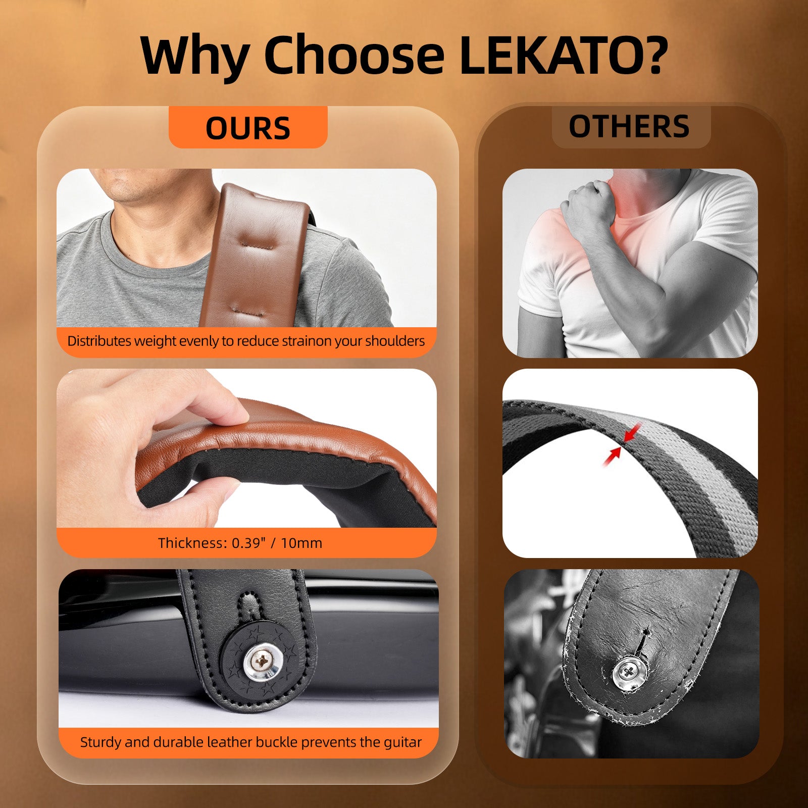 LEKATO LGS-20 Guitar Strap 3.5 Inch Wide EVA Thickened Padded PU Leather