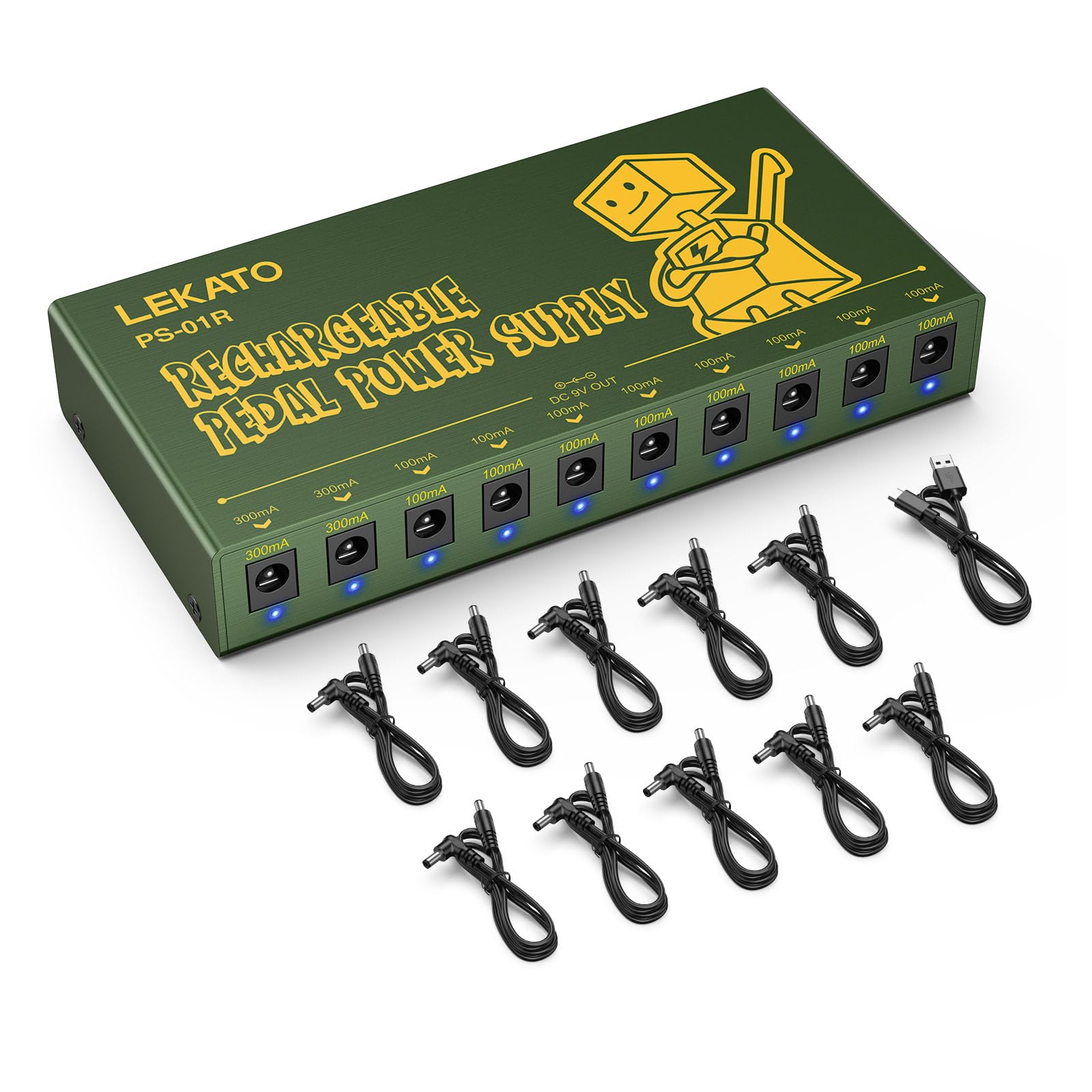LEKATO PS-01R 10 Isolated Guitar Pedal Power Supply W/Rechargeable Battery