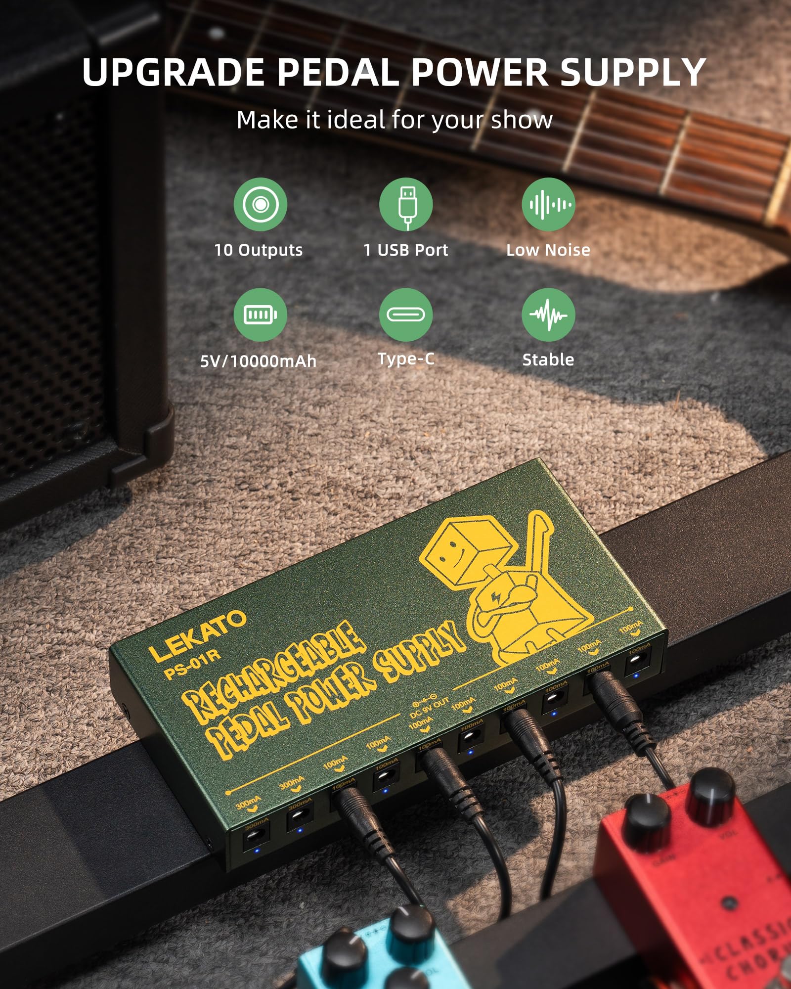 LEKATO PS-01R 10 Isolated Guitar Pedal Power Supply W/Rechargeable Battery