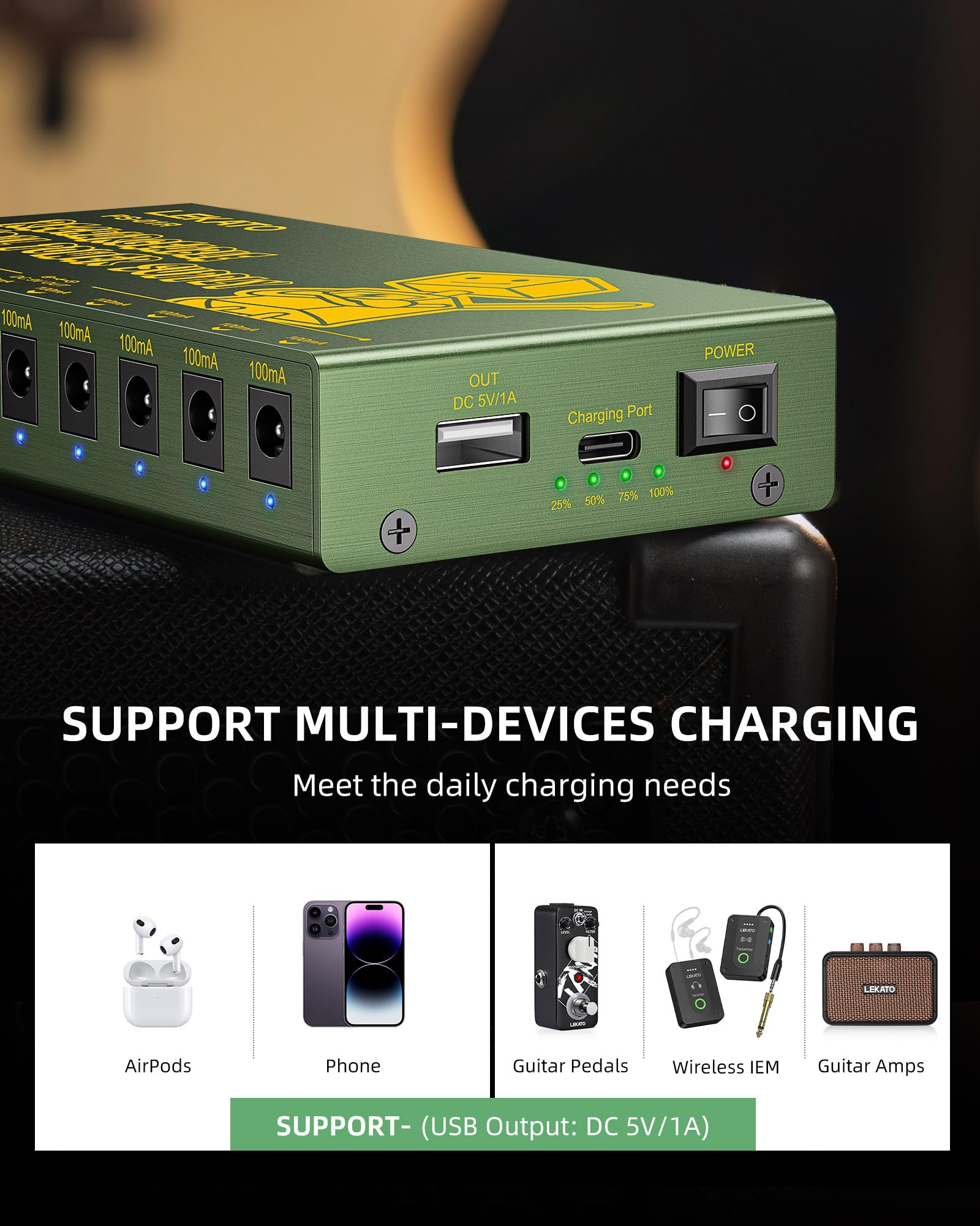 LEKATO PS-01R 10 Isolated Guitar Pedal Power Supply W/Rechargeable Battery