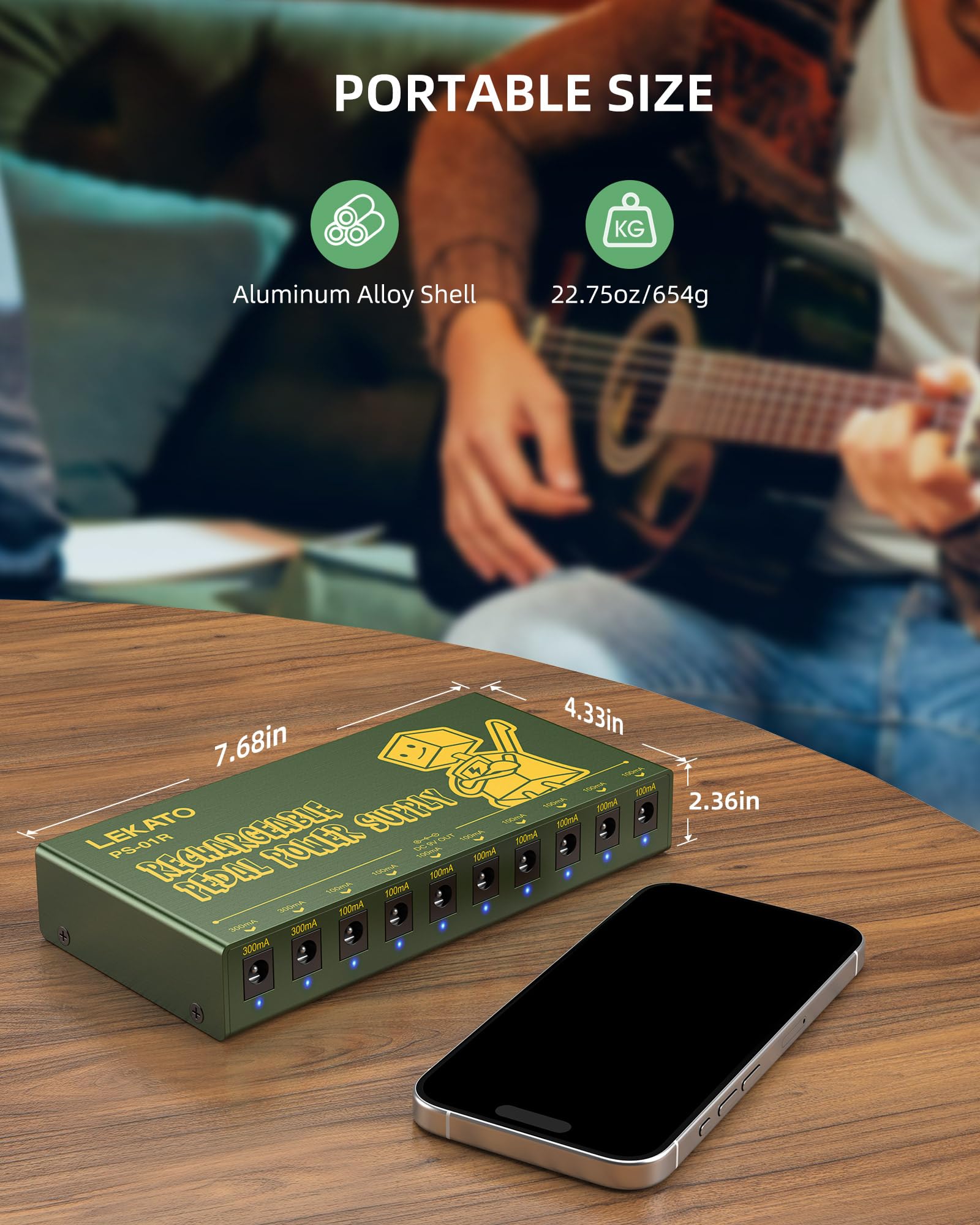 LEKATO PS-01R 10 Isolated Guitar Pedal Power Supply W/Rechargeable Battery