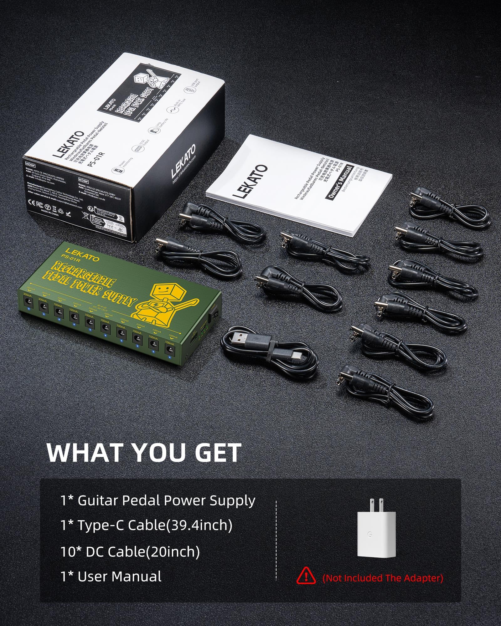 LEKATO PS-01R 10 Isolated Guitar Pedal Power Supply W/Rechargeable Battery